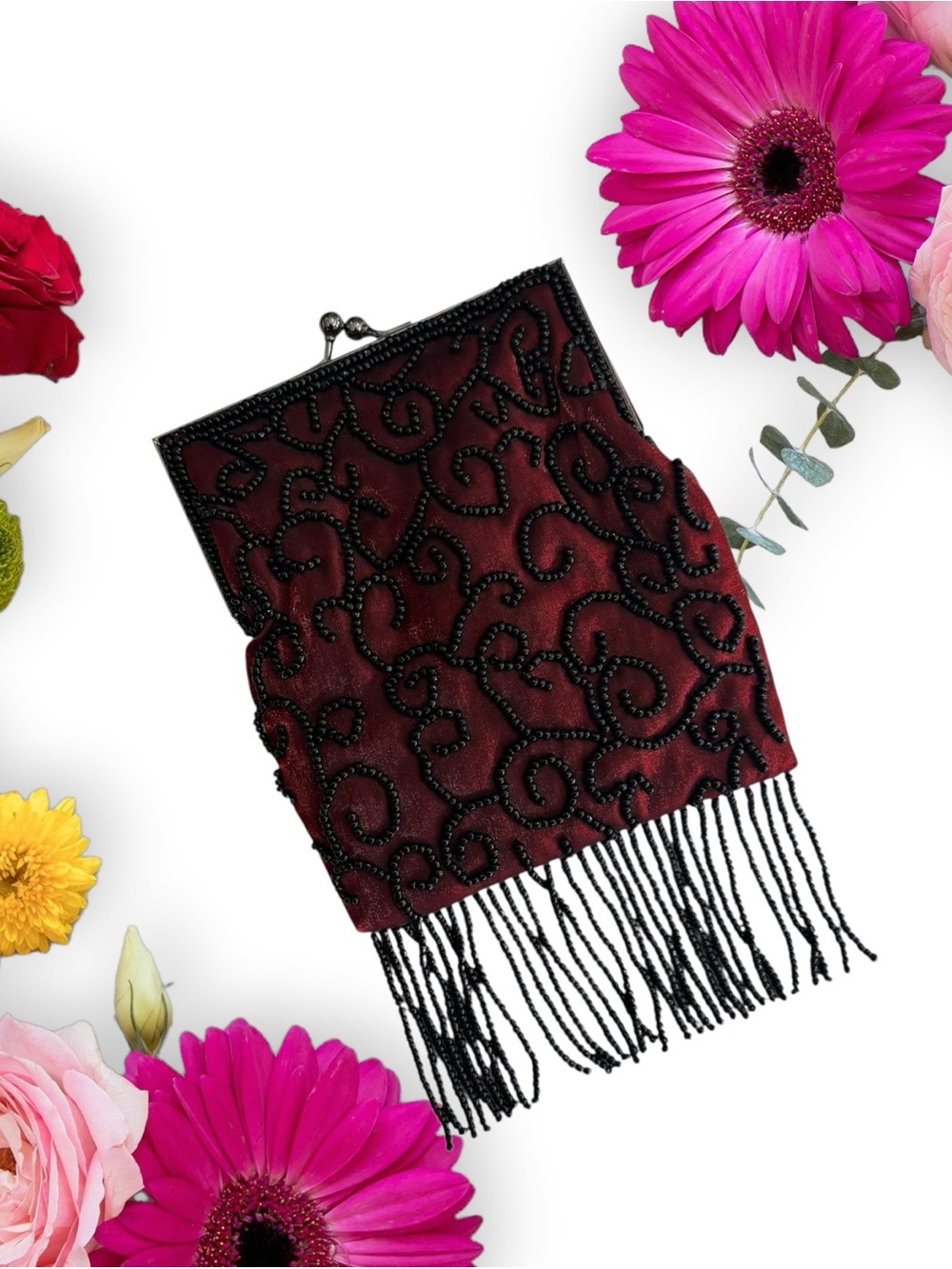 Lancome Burgundy Beaded Fringe Evening Clutch